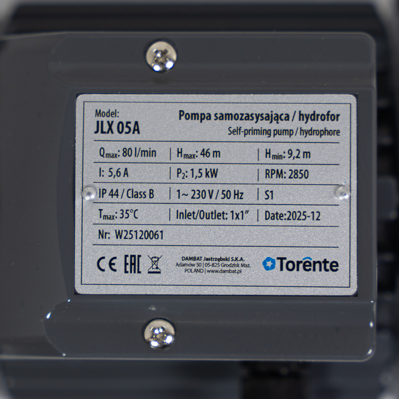 Pompa samozasysająca / hydrofor JLX 05A Torente (1,5kW) 230V zdjęcie numer 10